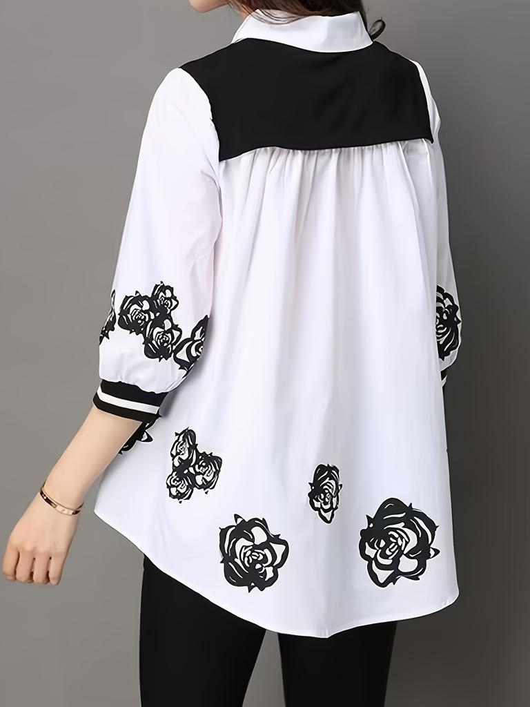 2 In 1 Button Front Blouse, Elegant 3/4 Sleeve Blouse for Spring & Fall, Women's Clothing