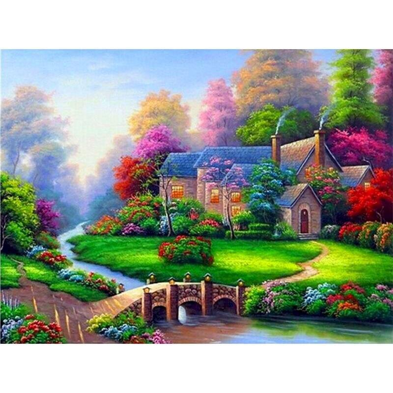 5D DIY Diamond Painting Landscape Full Round Diamond Embroidery Mosaic House Spring Decorations