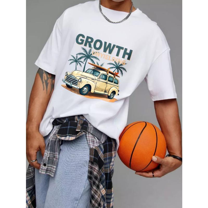 T-Shirt White Vintage Car with Surfboard and Palm Trees Growth Unyielding Print Casual Summer Wear
