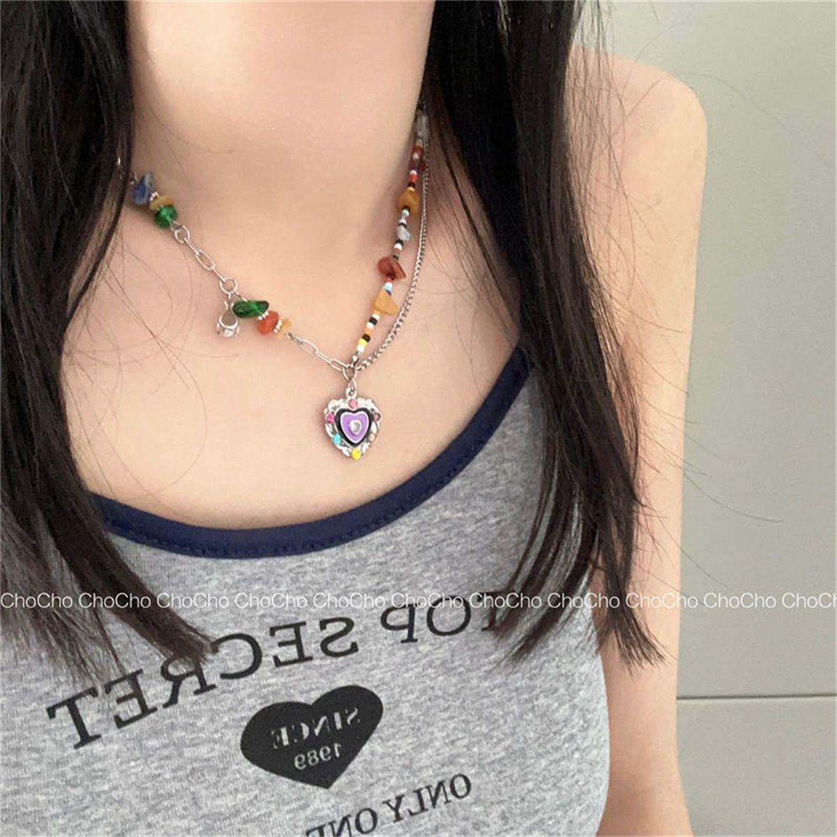 Summer atmosphere, colorful stone love drop glaze colored necklace set niche design sweet cool babe collarbone chain
