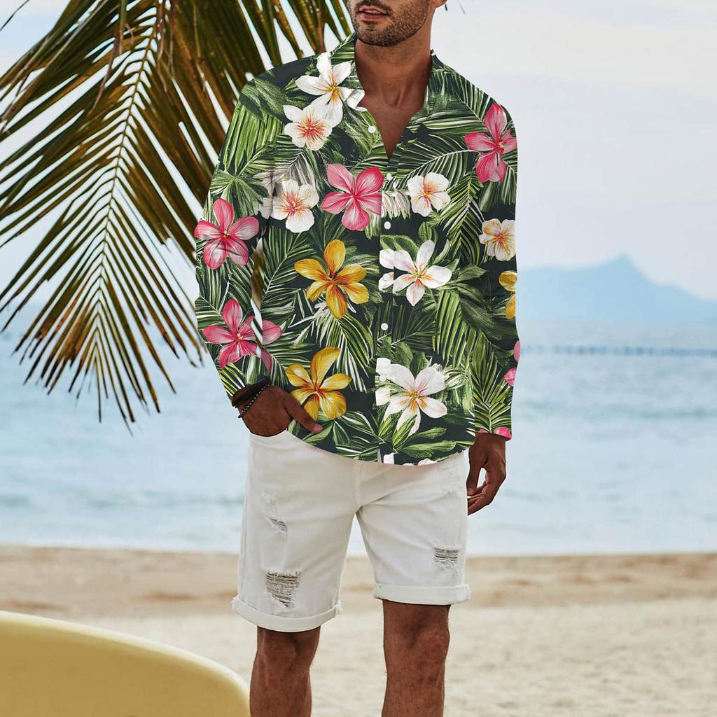 Men's Fashion Long Sleeve Printed Casual T Shirt Button Regular Fit Shirt Top