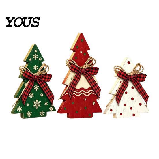 Rustic Christmas Tree Tabletop Ornaments 3Pcs Wooden with Plaid and Hemp Rope Bow, Farmhouse Indoor Decorations for Fireplace Polka Dot Xmas