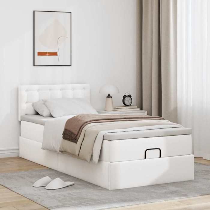 Cadre de lit avec matelas - Maison Exclusive - 90x200cm - Similicuir blanc - Rangement sous le lit