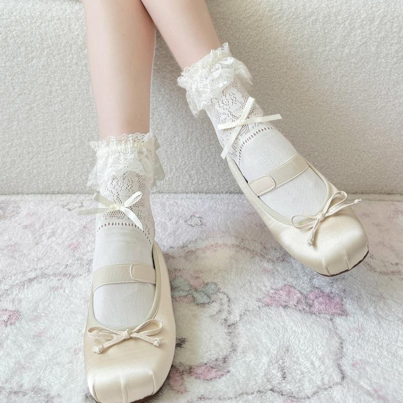 Lace Trim Lolita Ballet Bow Mid-Calf Socks - Spring/Summer Hollow Out Style