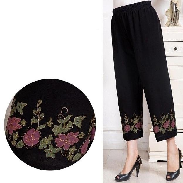 Women Summer Thin Pants Big Size Loose Elastic Waist Simple Cropped Pants High Waist Wide Leg Floral Printed Mothers' Casual Straight Pants