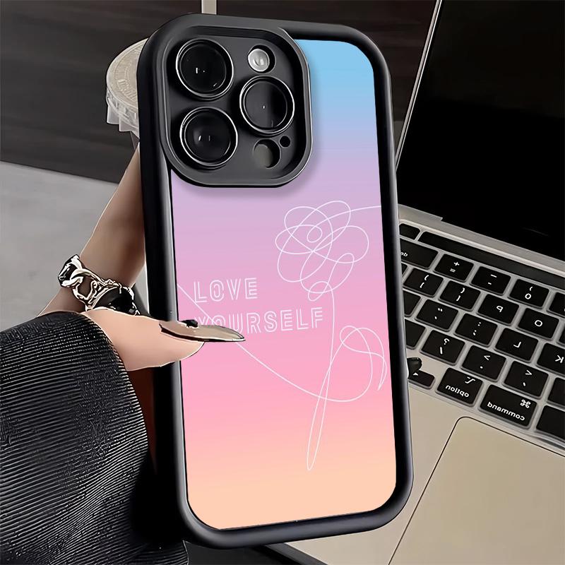 Phone Case for iPhone 17 Air 16E 15 16 Pro Max Love Yourself Flower Heart Line Kpop Cover 14 Plus 13 12 Mini Soft Shell Silicone