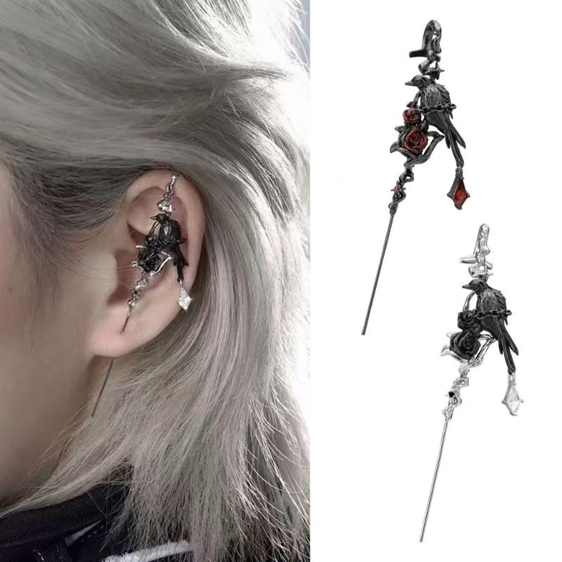 Comfortable Piercing Earrings Rose and Black Crow Stick Clip Earring Alternative Style Accessories Party Wear Jewelry