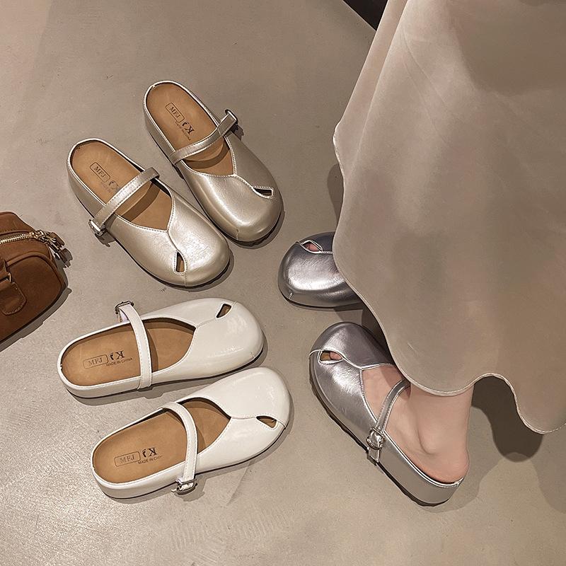 Thick-soled bag head cool slippers women's outer wear summer 2025 new with skirt super fire one pedal half tray silver single shoes