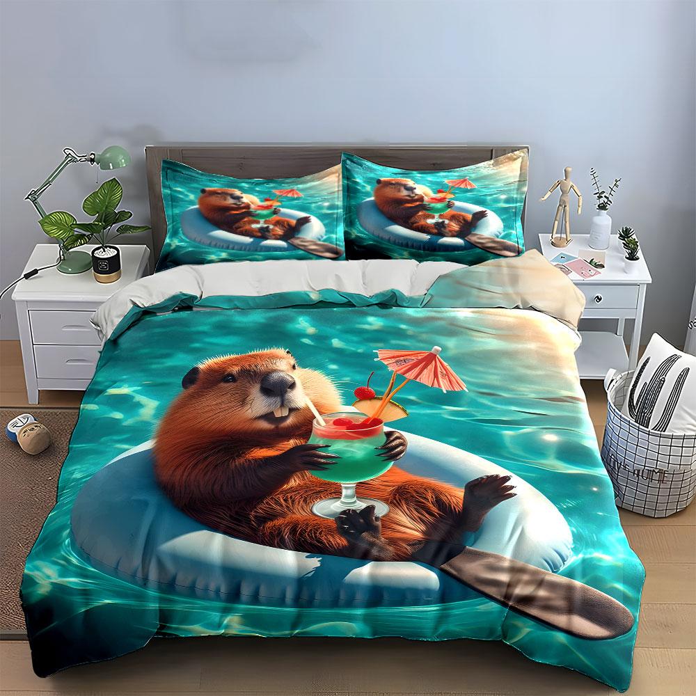 Beaver Relaxing In Pool Bedding Duvet Cover Set  (1*Duvet Cover 2*Pillowcases, Without Duvet Insert)