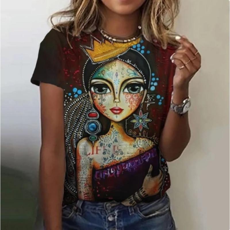 Fashionable Female Portrait 3D Printed Women's Top Harajuku Versatile Round Neck Short Sleeved T-Shirts (women’s