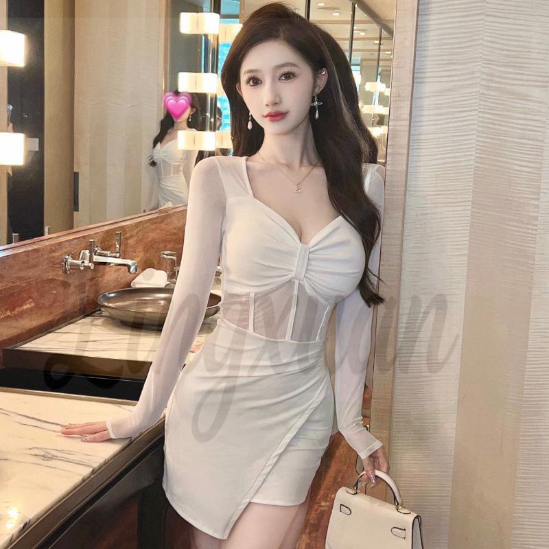 V-Neck Mesh Patchwork Bodycon Dress with Long Sleeves Medium белый