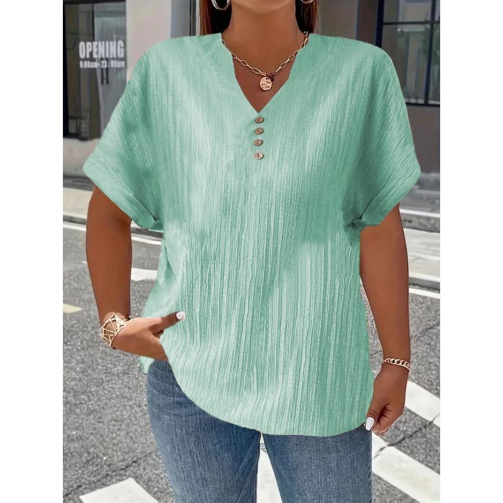 Spring and Summer Women's Fashion Casual Solid Color Button V-neck T-shirt for Women
