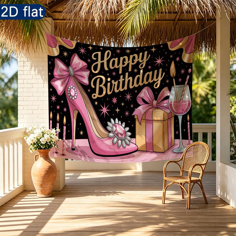 Party Banner Gifts Wine High Heel Birthday Backdrop, Polyester Wall Decor for Celebration & Photos