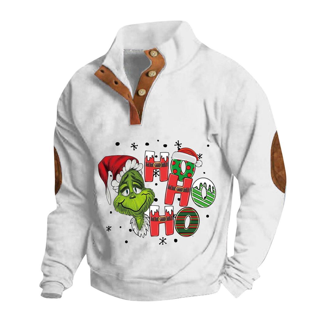 Men's Casual Fashion Christmas Printed Hoodless Sweatshirt Wide Men's Loose Button Stand Collar Hooded Sweatshirt