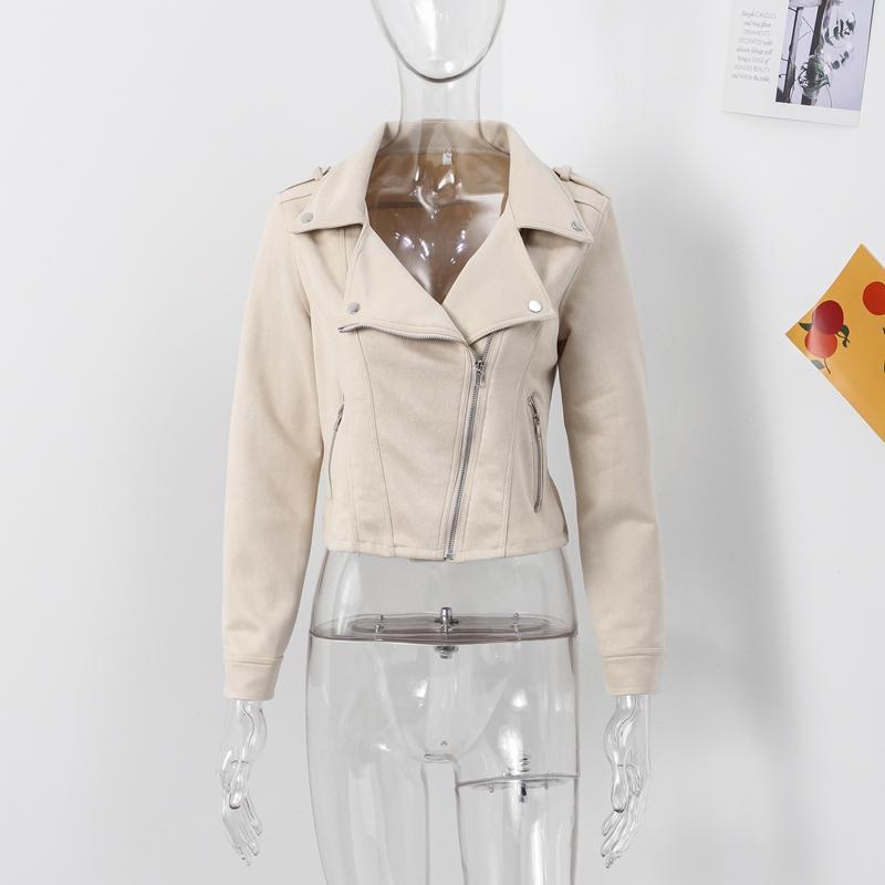 Jaqueta Vintage de Couro Camurça Sintético Slim Fina Feminina Gola Virada para Baixo Zíper Casaco Curto Manga Comprida Jaquetas Sólidas Estilo Motociclista Casual Outono Inverno