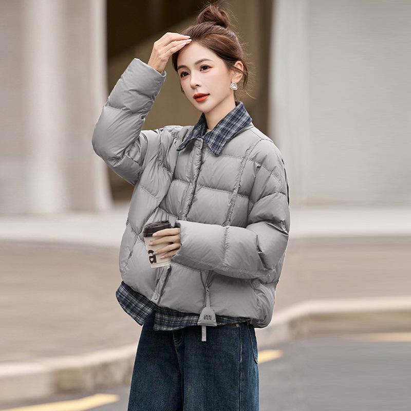 Plaid splicing down jacket women's winter fashion lapel fake two pieces high fluffy white duck down bread jacket