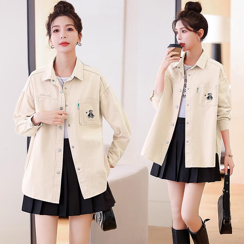 2024 Spring & Fall Women's Embroidered Denim Shirt - Brushed, Washed Cotton, Loose Casual Mid-Length Jacket