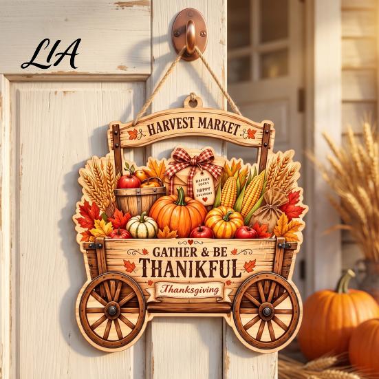 Wooden Craft for Thanksgiving Front Door Hanging Sign, Pumpkin Turkey Pattern Hanger, Autumn Harvest Theme Home Decoration Wall Ornament Farmhouse