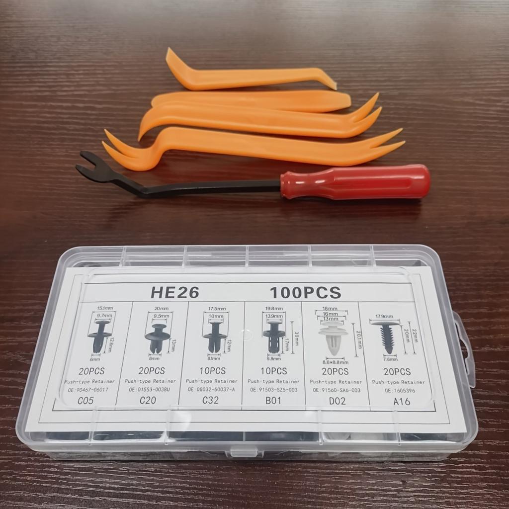 Set of 105 Auto Fasteners Including Removal Tools, Featuring Universal Nylon Plastic Rivets And Clips for Door Panels And Vehicle Trim Repairs
