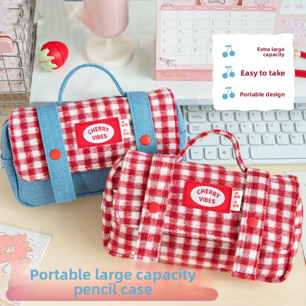 Sweet Grid Pencil Case Portable Pen Organizer Pouch Cute Stationery Organizer  Office Use