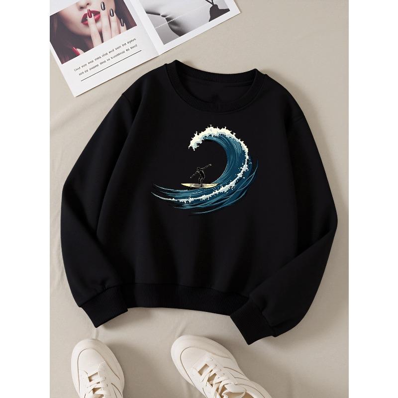 Kids Sweatshirt Crewneck Sweatshirt Surfer Riding Enormous Wave Pattern Print Machine Washable, Spring And Autumn