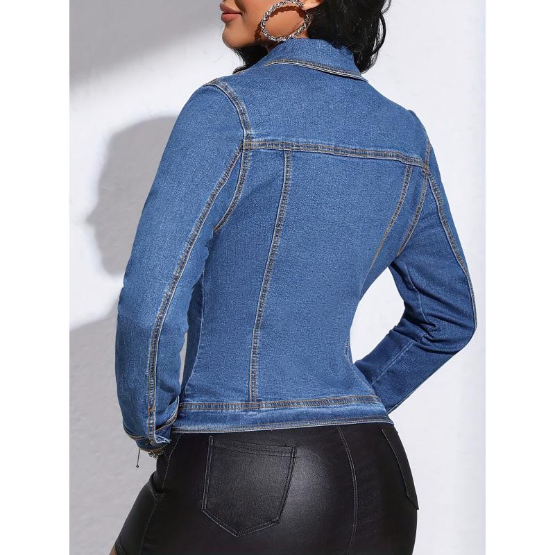 Giacca di jeans elegante da donna, stile europeo e americano, con elastico e design a tinta unita opaca, modello 2026.