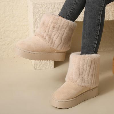 Women's Snow Boots with Fur Stripe Decoration, Fleece Autumn and Winter Casual Thick-soled Mid-calf Warm Shoes, Warm and Comfortable Cotton Shoes