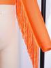 Girls Latin Dance Tops Tassels Long Sleeves Back Invisible Zipper Shiny Rhinestones Crop Top