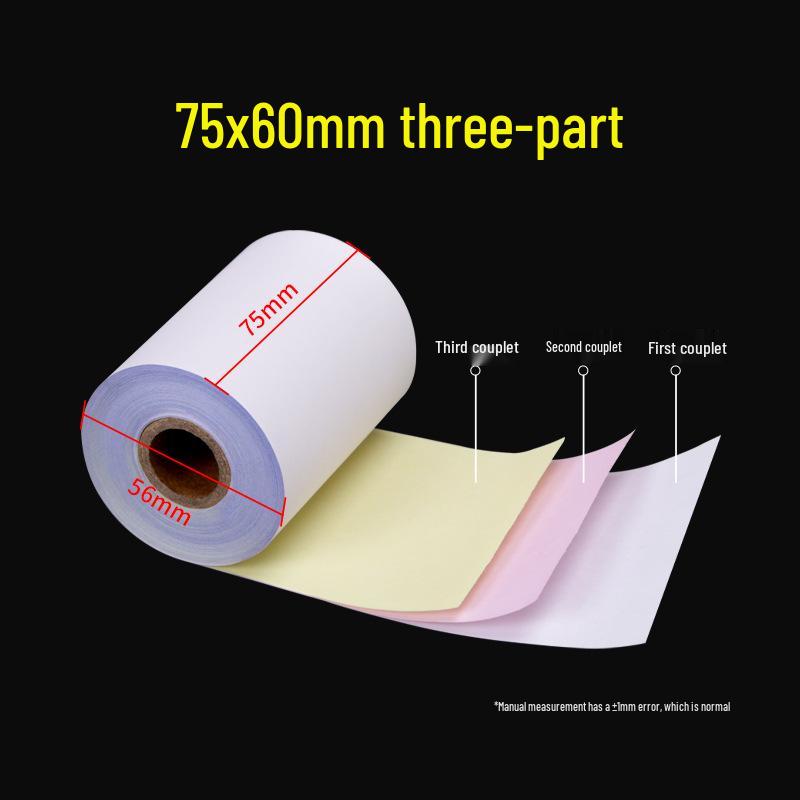 75x60 Three-Ply Carbonless Cash Register Paper, Customizable Three-Part Supermarket Receipt Rolls