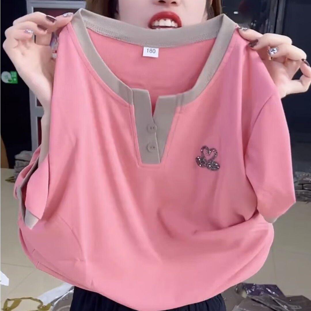 

Летний женский топ с V-образным вырезом и короткими рукавами, с ромбовидным узором в виде маленького лебедя — модный, стройнящий и замедляющий старение 2XL [Recommended 130-145 jin]