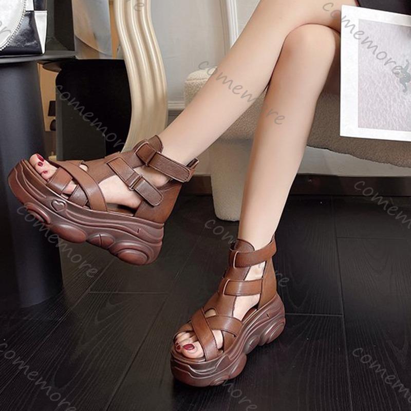 Comemore Summer Roman Sandals for Women Black Brown Thick Bottom Sports Style Women's Shoes High Heels Fish Mouth Sandales Shoes