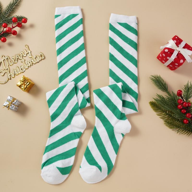 Christmas Green Red Cotton Stocking Striped Over The Knee Bowknot Long Socks