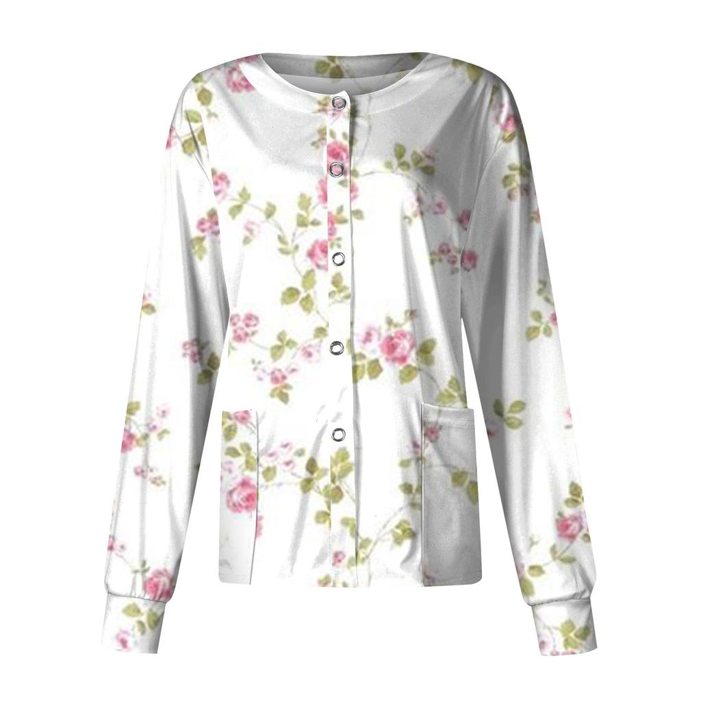 Frauen Langarm Druck Muster Tasche Arbeiten Stehkragen einreiher Schutz Overalls Strickjacke Jacke Top