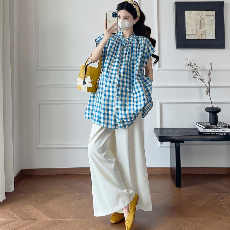 

2026 Summer Retro Maternity Two-Piece Set: Shirt & Wide-Leg Pants XL