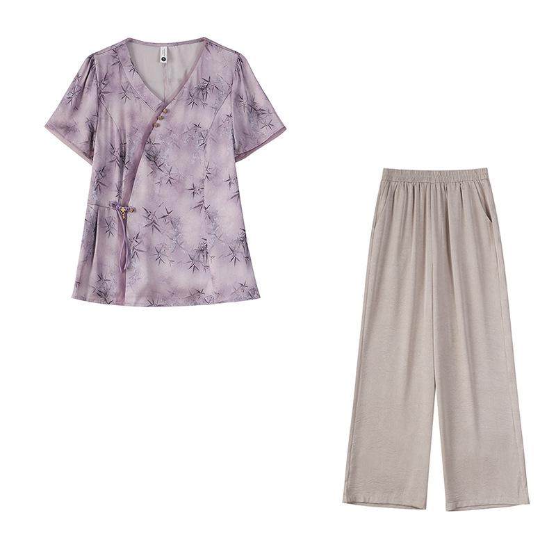 Chinese Style Summer Set: Short-Sleeve Xiangyunsha Blouse & Wide-Leg Pants for Mid-to-Older Mothers