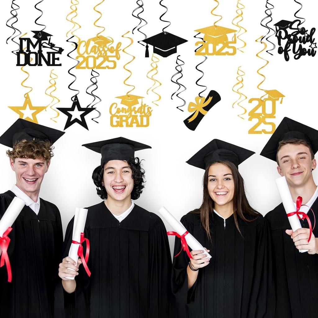 20Pcs Gold Black Graduation Hanging Swirl Decor, Class of 2025 Hanging Decorations, I’m Done, Congrats Grad, 2025 Happy Graduation Party