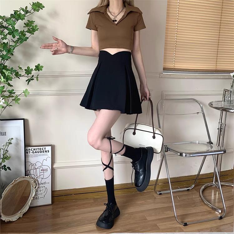 Summer 2024 Women's Black High-Waist Pleated Midi Skirt - Slimming Casual A-Line Bodycon