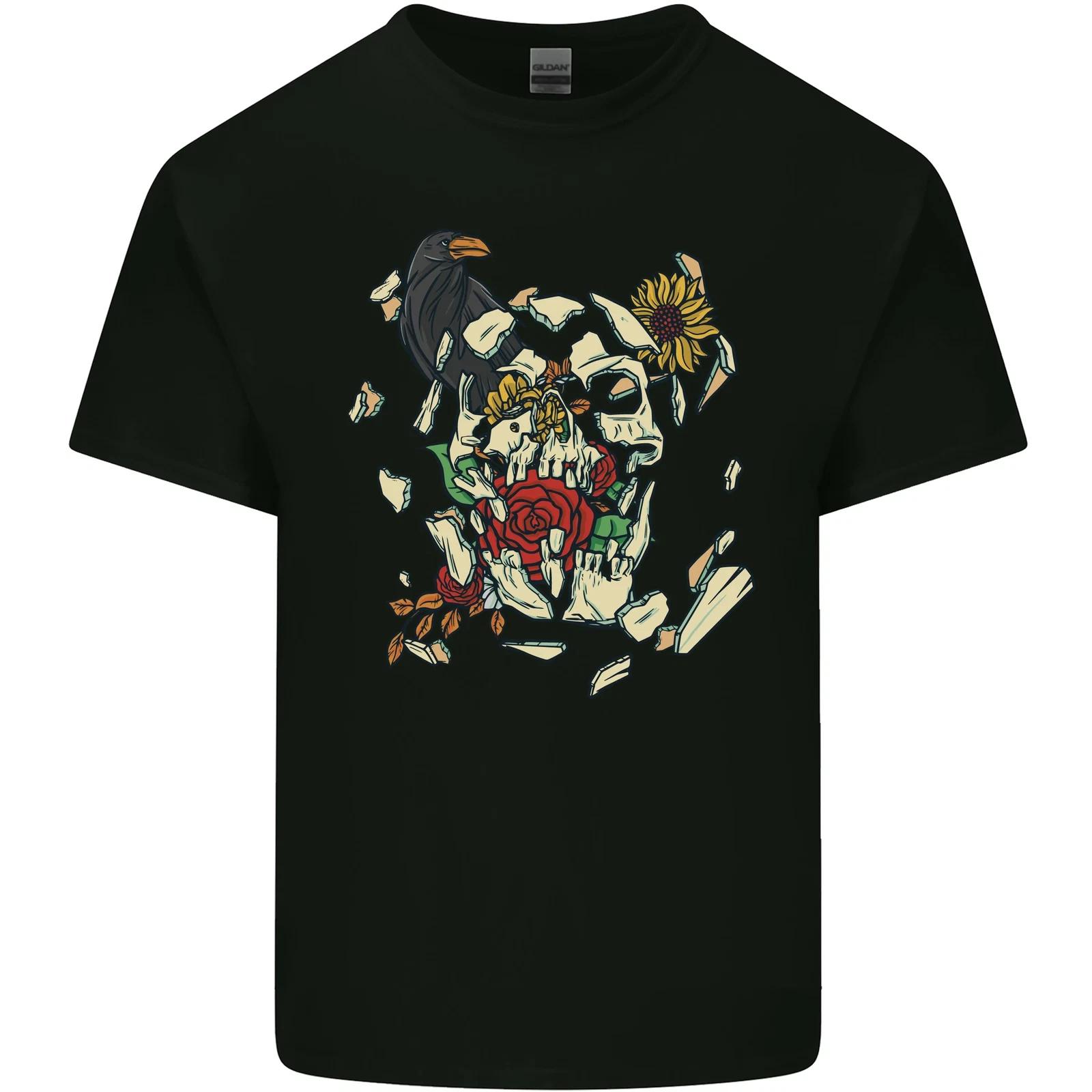 Broken Skull With Roses & Raven Kids T-Shirt Childrens L