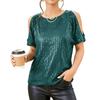 Damen Modisches Sexy Schulterfreies Rundhals Kurzarm Glitzer Pailletten T-Shirt Top