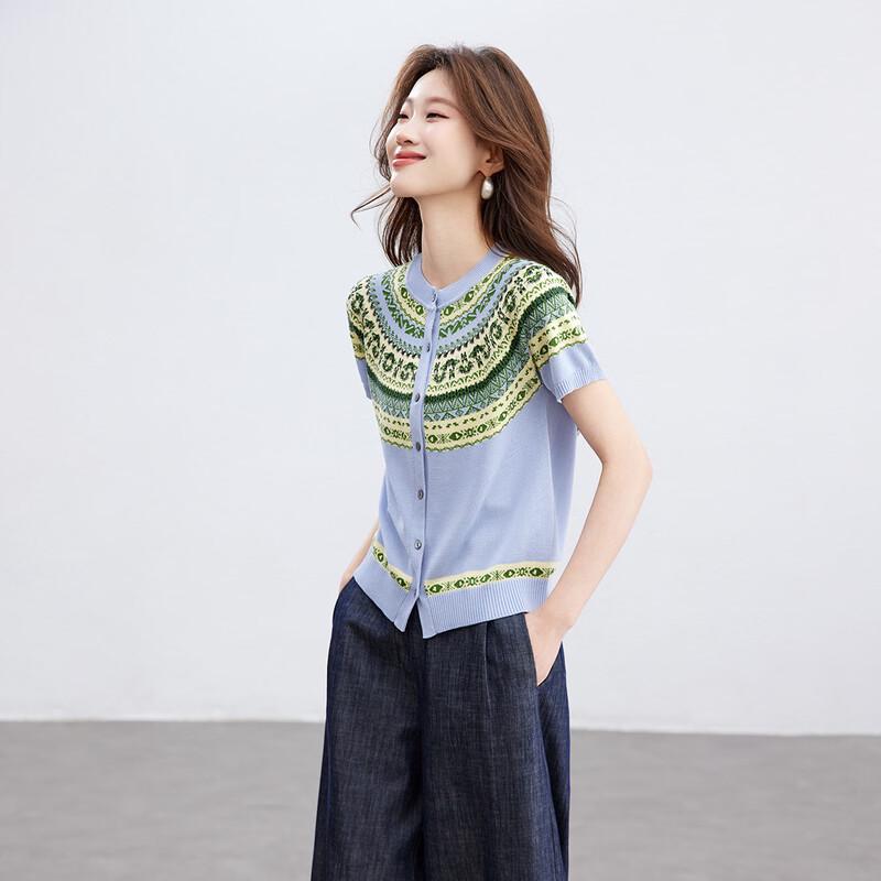 Srcr Women s Silk Blend Fair Isle Jacquard Short-Sleeve Knit Top XL