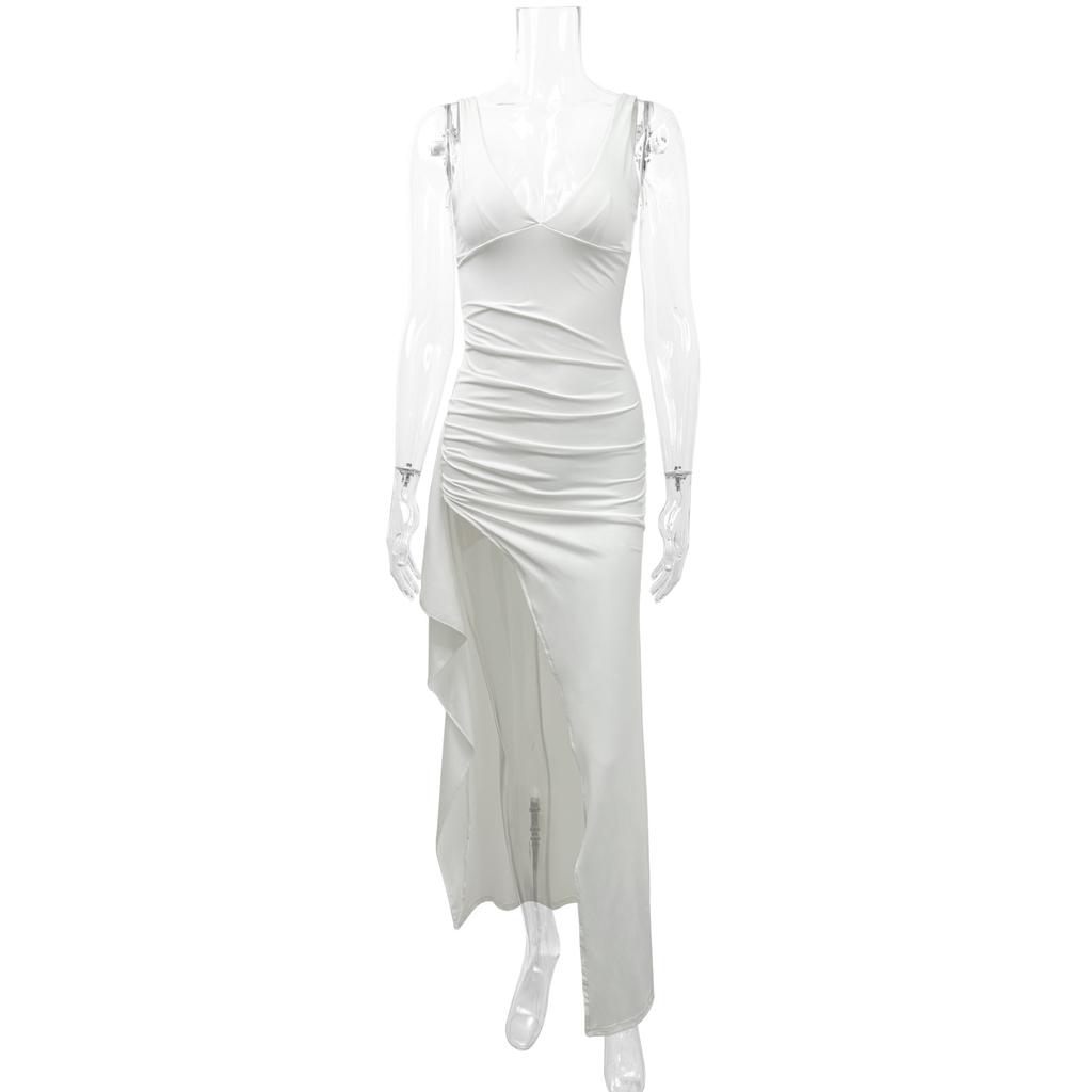 European and American style new women's dress sexy high split fork deep V-neck thin temperament suspender dress