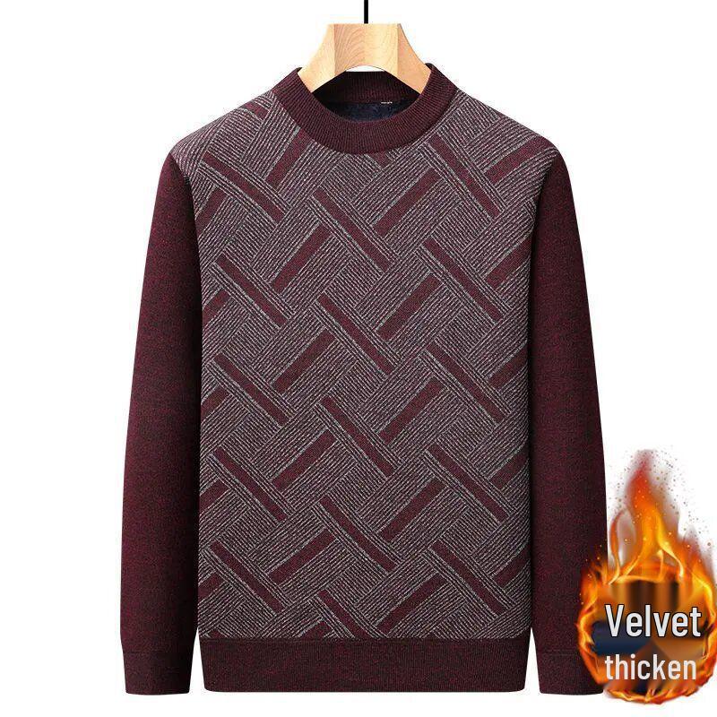 Men's Plus Velvet Thick Knit Sweater - Round Neck, Warm, Loose Fit, Perfect for Middle-Aged & Elderly