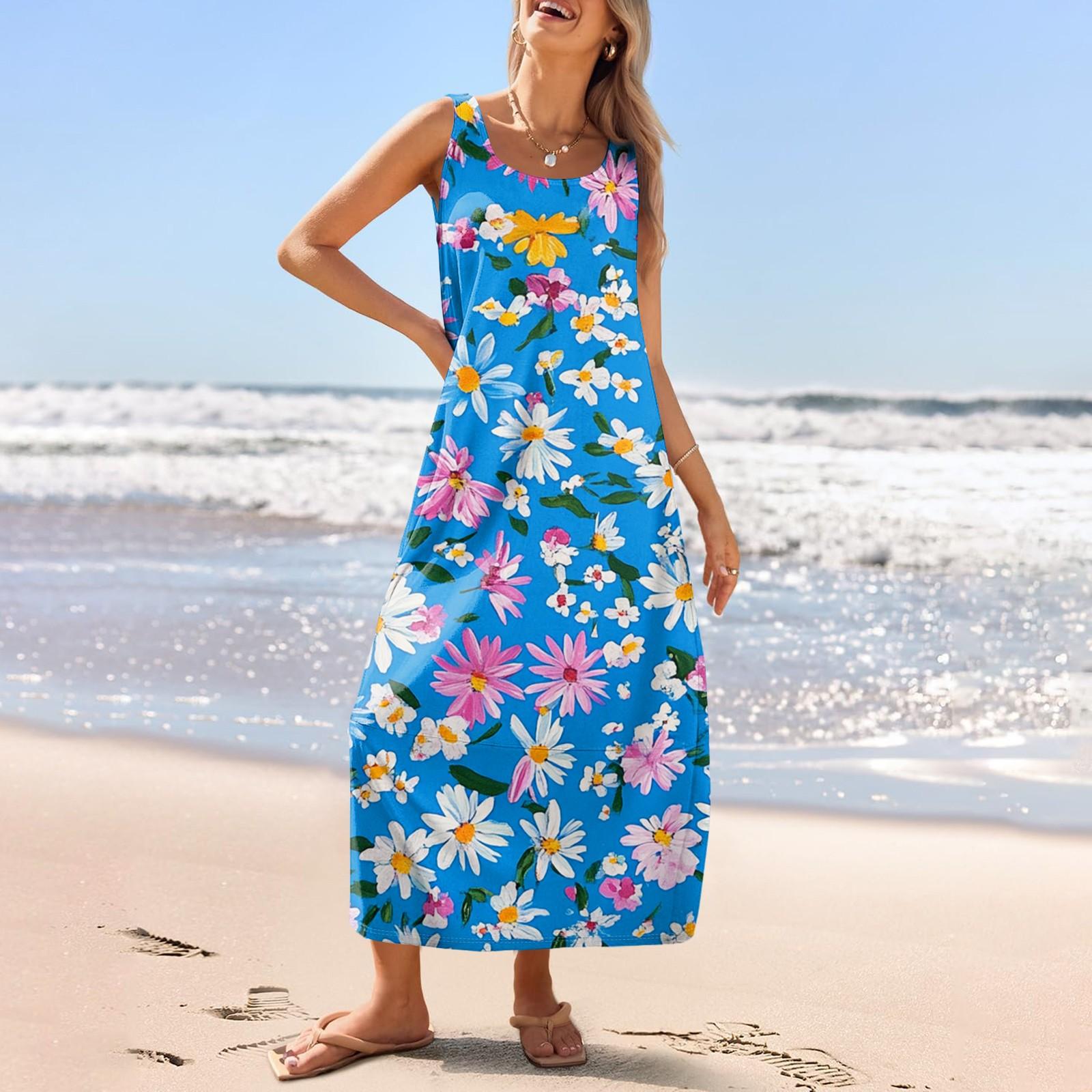 Женский повседневный длинный сарафан, летнее пляжное платье, круглый вырез, без рукавов, свободный сарафан L
