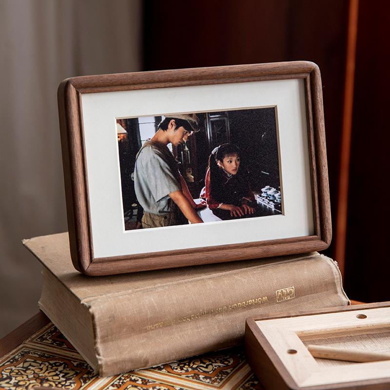 Retro Handmade Wooden Photo Frame with Passe-Partout, Vertical/Horizontal Standing Desktop Picture Frame Hanging Wall Decor