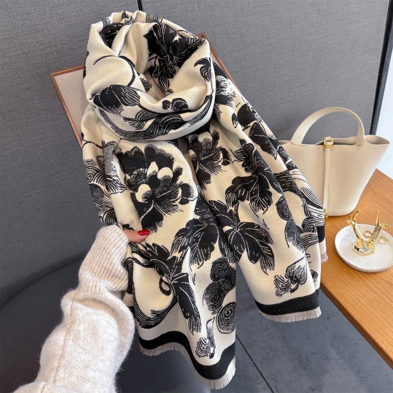 Autumn and winter new peony flower print scarf women's retro contrasting color imitation cashmere thickened warm fringed shawl