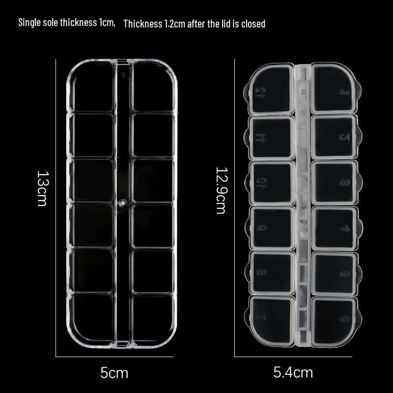 12-Compartment Nail Art Box with Dried Flowers & Glitter - Double-Row Transparent Diamond Design
