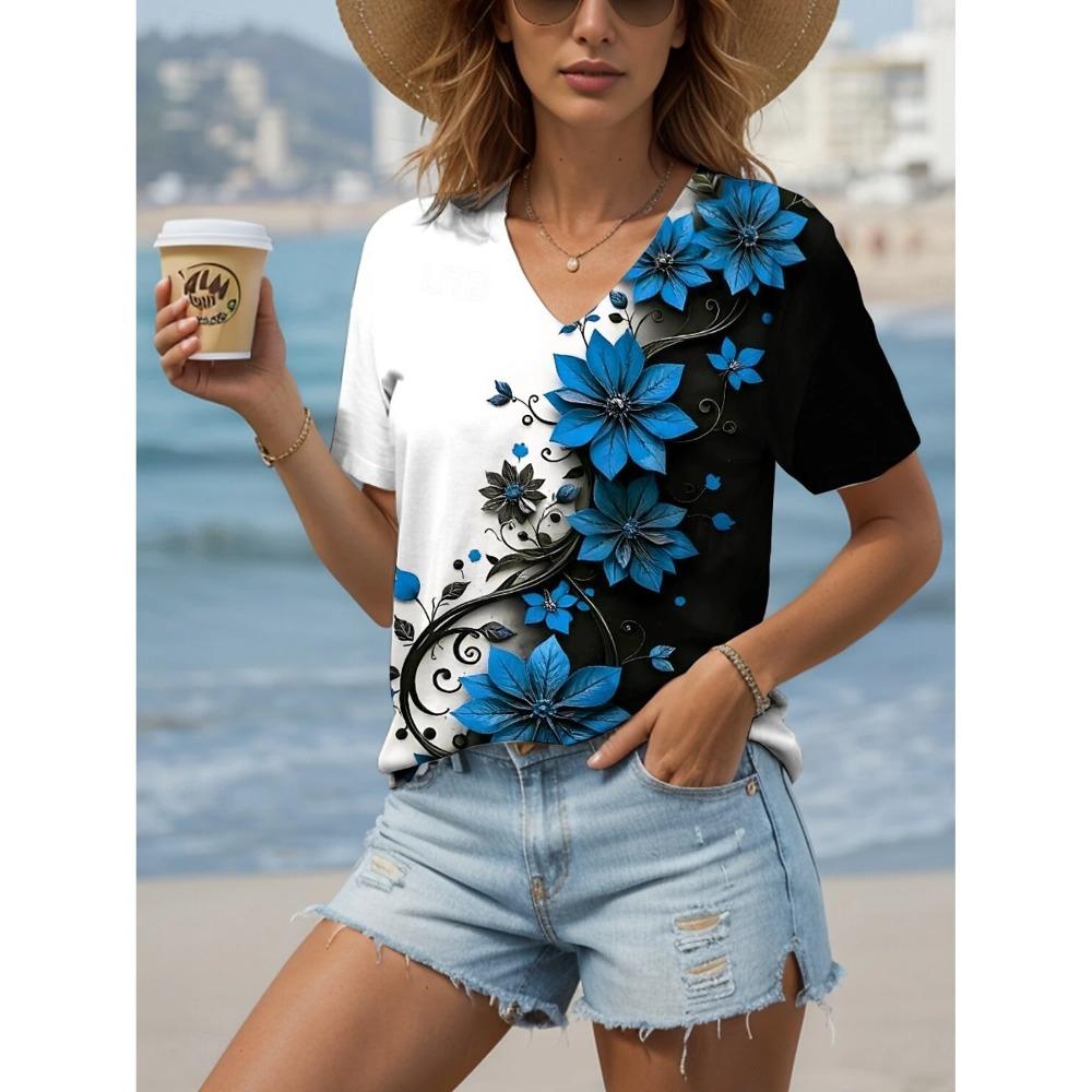 Women's Floral Graphic Vintage Stylish V Neck Short Sleeve Streetwear Tops Oversized Clothing Print Summer T-Shirts
