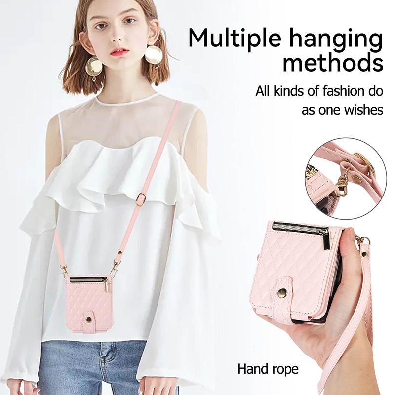 Für Samsung Galaxy Z Flip 5 4 3 5G Fall Leder Tasche Lanyard Crossbody Rhombische Brieftasche Ständer Strap Abdeckung für Samsung Z falten 3 4 5