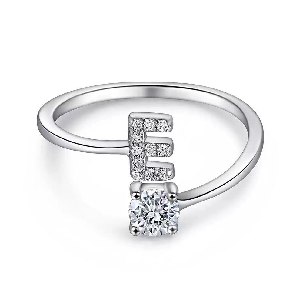 Sterling Silver Open Band Ring with Cubic Zirconia Letter E and Round Cut Stone Adjustable Size Fashion Jewelry