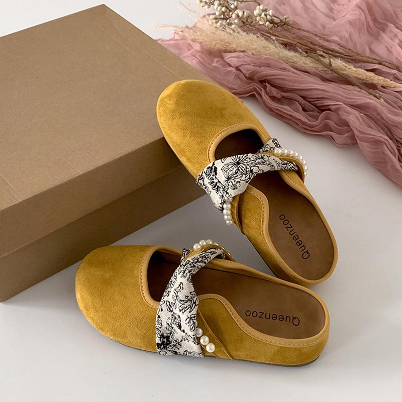 

Internet celebrity pearl pink thick-soled bag head slippers women s summer wear 2025 new retro non-slip half-drag Birkenstocks 40 жёлтый